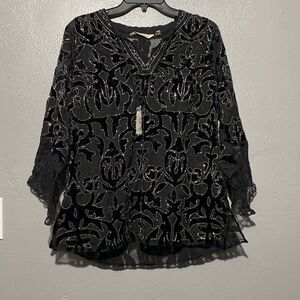 Soft Sorroundings Black and Silver Paisley Long Sleeve Tunic Top Medium Petite